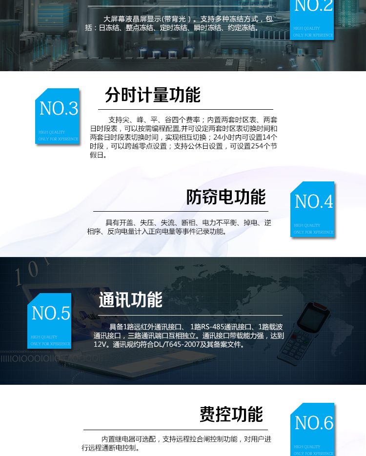 海興DDSI208單相電能表主要功能
　　計量功能
　　具有支持正反向有功、四象限無功電能、組合無功電能，支持正反向有功最大需量、四象限無功最大需量、組合無功最大需量，支持多費率計量。
　　分時計量功能
　　支持尖、峰、平、谷四個費率;內(nèi)置兩套時區(qū)表、兩套日時段表，可以按需編程配置,并可設(shè)定兩套時區(qū)表切換時間和兩套日時段表切換時間，實現(xiàn)相互切換;24小時內(nèi)可設(shè)置14個時段，可以跨越零點設(shè)置;支持公休日設(shè)置，可設(shè)置254個節(jié)假日。
　　測量功能
　　能測量電壓、電流、功率以及功率因數(shù)等電網(wǎng)參數(shù)，零線電流測量功能可選配。測量準(zhǔn)確度高，可以達到1級以內(nèi)標(biāo)準(zhǔn)。
　　數(shù)據(jù)存儲功能
　　支持多種凍結(jié)方式，包括：日凍結(jié)、整點凍結(jié)、定時凍結(jié)、瞬時凍結(jié)、約定凍結(jié)。
　　事件記錄功能
　　分別記錄最近10次掉電、編程、校時、開表蓋、跳閘、合閘、事件清零、電表清零。
　　通信功能
　　具備1路遠紅外通訊接口、 1路RS-485通訊接口、1路載波通訊接口，三路通訊端口互相獨立。通訊接口帶載能力強，達到12V。通訊規(guī)約符合DL/T645-2007及其備案文件。
　　費控功能
　　內(nèi)置繼電器可選配，支持遠程拉合閘控制功能，對用戶進行遠程通斷電控制。
　　用戶交互界面
　　采用大屏幕液晶顯示，提供豐富的圖形或文字提示信息;顯示內(nèi)容可通過按鍵循環(huán)查詢，顯示項目可通過通信口按需配置;提供液晶背光，方便查看。支持停電喚醒功能，能通過按鍵或非接觸方式喚醒電能表，實現(xiàn)屏幕顯示抄讀電量和紅外通信口抄讀電量等數(shù)據(jù)。