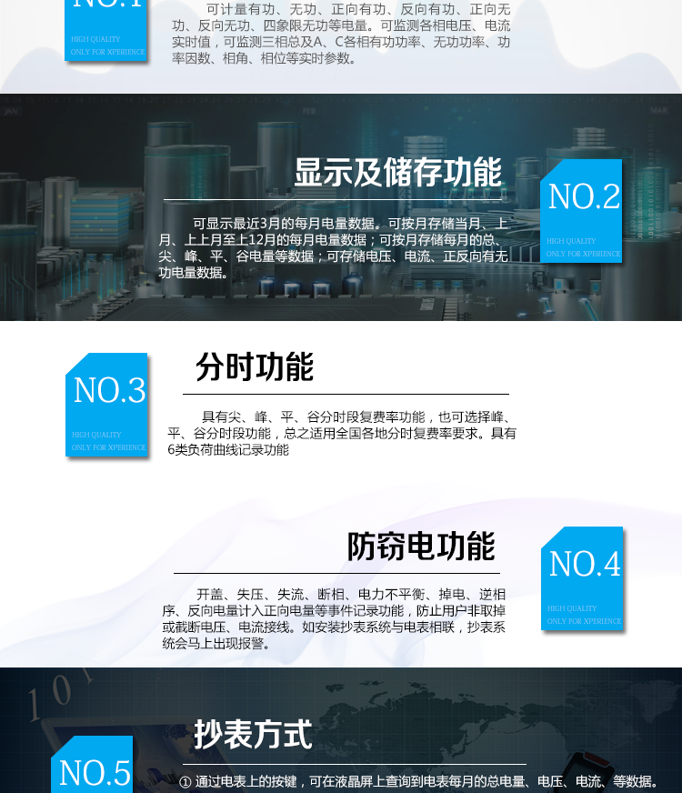 杭州百富華隆DSZ532三相三線智能電能表主要功能
　　電能計(jì)量功能
　　計(jì)量參數(shù)：可計(jì)量有功、無功、正向有功、反向有功、正向無功、反向無功、四象限無功等電量。
　　監(jiān)測參數(shù)：可監(jiān)測各相電壓、電流實(shí)時(shí)值，可監(jiān)測三相總及A、C各相有功功率、無功功率、功率因數(shù)、相角、相位等實(shí)時(shí)參數(shù)。
　　分時(shí)功能：具有尖、峰、平、谷分時(shí)段復(fù)費(fèi)率功能，也可選擇峰、平、谷分時(shí)段功能，總之適用全國各地分時(shí)復(fù)費(fèi)率要求。
　　數(shù)據(jù)存儲：可按月存儲當(dāng)月、上月、上上月至上12月的每月電量數(shù)據(jù);可按月存儲每月的總、尖、峰、平、谷電量等數(shù)據(jù);可存儲電壓、電流、正反向有無功電量數(shù)據(jù)。
　　具有6類負(fù)荷曲線記錄功能。
　　顯示功能：可顯示最近3月的每月電量數(shù)據(jù)。
　　防竊電功能
　　開蓋記錄功能，防止非法更改電路。
　　電壓合格率、失壓記錄功能，防止用戶非法取掉或截?cái)嚯妷航泳€，如已發(fā)生，可通過記錄的時(shí)間核算所損失的電量，為追補(bǔ)電量提供依據(jù)。
　　失流、斷相記錄功能，防止用戶非法短接電流接線，如已發(fā)生，可通過記錄的時(shí)間核算所損失的電量，為追補(bǔ)電量提供依據(jù)。
　　電流不平衡記錄：可警惕用戶在電表接線的前端截取電量。
　　掉電記錄功能，防止用戶非法取下電表的工作電源，如已發(fā)生，可通過記錄的時(shí)間核算所損失的電量，為追補(bǔ)電量提供依據(jù)。
　　反向電量計(jì)入正向電量，用戶如將電流線接反，電表照樣正向走字，不具有竊電作用。
　　逆相序報(bào)警，用戶非法接線，電表會報(bào)警，除非把線接正確，否則一直報(bào)警。
　　以上情況如發(fā)出，電表會出現(xiàn)報(bào)警標(biāo)志，如安裝抄表系統(tǒng)與電表相聯(lián)，抄表系統(tǒng)會馬上出現(xiàn)報(bào)警。