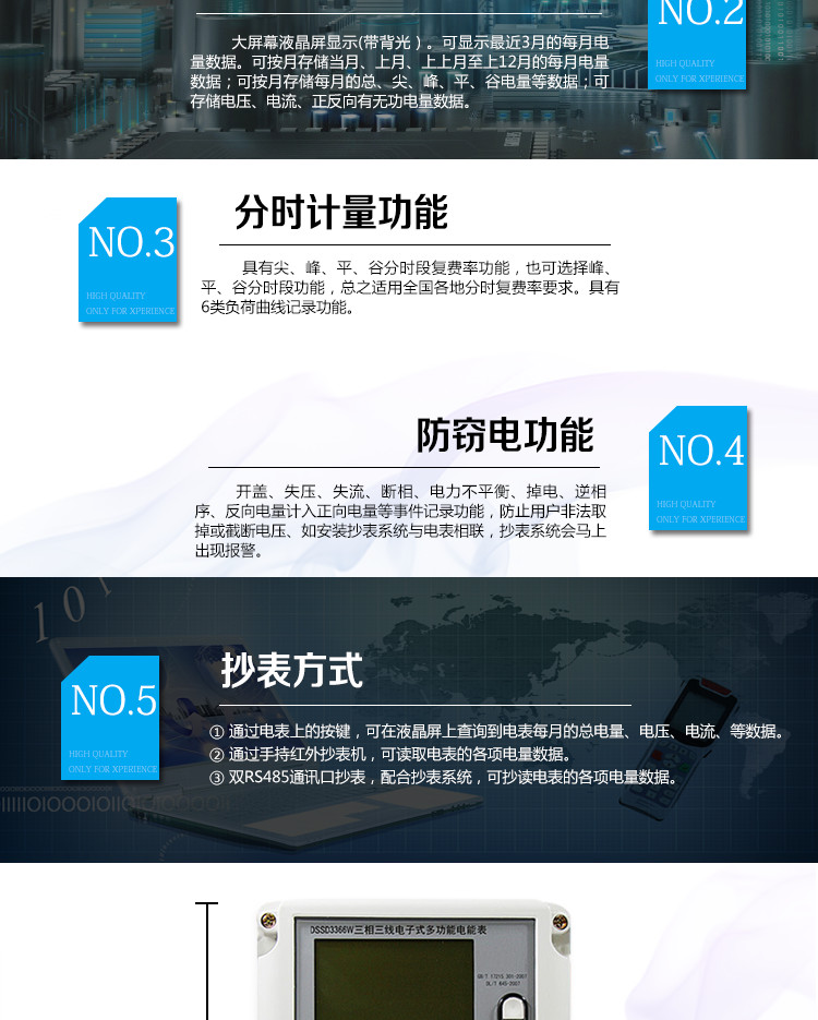 2、防竊電功能
①&nbsp;開(kāi)蓋記錄功能，防止非法更改電路。
②&nbsp;電壓合格率、失壓記錄功能，防止用戶非法取掉或截?cái)嚯妷航泳€，如已發(fā)生，可通過(guò)記錄的時(shí)間核算所損失的電量，為追補(bǔ)電量提供依據(jù)。
③&nbsp;失流、斷相記錄功能，防止用戶非法短接電流接線，如已發(fā)生，可通過(guò)記錄的時(shí)間核算所損失的電量，為追補(bǔ)電量提供依據(jù)。
④&nbsp;電流不平衡記錄：可警惕用戶在電表接線的前端截取電量。
⑤&nbsp;掉電記錄功能，防止用戶非法取下電表的工作電源，如已發(fā)生，可通過(guò)記錄的時(shí)間核算所損失的電量，為追補(bǔ)電量提供依據(jù)。
⑥&nbsp;反向電量計(jì)入正向電量，用戶如將電流線接反，電表照樣正向走字，不具有竊電作用。
⑦&nbsp;逆相序報(bào)警，用戶非法接線，電表會(huì)報(bào)警，除非把線接正確，否則一直報(bào)警。
以上情況如發(fā)出，電表會(huì)出現(xiàn)報(bào)警標(biāo)志，如安裝抄表系統(tǒng)與電表相聯(lián)，抄表系統(tǒng)會(huì)馬上出現(xiàn)報(bào)警。