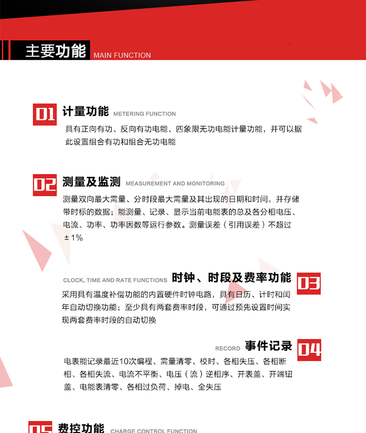 主要功能
1. 　電能計量
具有正向有功、反向有功電能、四象限無功電能計量功能，并可以據(jù)此設置組合有功和組合無功電能。
2. 　需量計量
測量雙向最大需量、分時段最大需量及其出現(xiàn)的日期和時間，并存儲帶時標的數(shù)據(jù)。
3. 　測量及監(jiān)測
能測量、記錄、顯示當前電能表的總及各分相電壓、電流、功率、功率因數(shù)等運行參數(shù)。測量誤差（引用誤差）不超過±1%。
4. 　時鐘、時段及費率功能
采用具有溫度補償功能的內(nèi)置硬件時鐘電路，具有日歷、計時和閏年自動切換功能。內(nèi)部時鐘端子輸出頻率為1Hz。至少具有兩套費率時段，可通過預先設置時間實現(xiàn)兩套費率時段的自動切換。每套費率時段全年至少可設置2個時區(qū)，24小時內(nèi)至少可以設置8個時段，時段最小間隔為15分鐘，并且時段間隔大于表內(nèi)設定的需量周期值，時段可跨越零點設置。
5. 　費控功能 
電能表費控功能的實現(xiàn)方式通過CPU卡等固態(tài)介質(zhì)實現(xiàn)。具有兩套階梯電價計費方式，并可在設置時間點啟用另一套階梯電價計費。
6. 　無線通信
通過無線通信與主站通信。支持在安全認證前提下，通過無線網(wǎng)絡信道修改費率時段表及電價。
7. 　事件記錄
電表能記錄最近10次編程、需量清零、校時、各相失壓、各相斷相、各相失流、電流不平衡、電壓（流）逆相序、開表蓋、開端鈕蓋、電能表清零、各相過負荷、掉電、全失壓。
8. 　凍結
具有定時凍結、瞬時凍結、約定凍結和日凍結功能。
9.　 負荷記錄
記錄正反向有功總電能、無功總電能、四象限無功總電能、組合有功、組合無功1、組合無功2，負荷記錄間隔時間可以在1～60min范圍內(nèi)設置，時間間隔為1min的情況下可記錄不少于40天的數(shù)據(jù)容量。
10. 　停電抄表
在停電狀態(tài)下，能通過按鍵或非接觸方式喚醒電能表，抄讀電能量等數(shù)據(jù)。
11. 擴展功能
計量視在電能、諧波電壓、電流、電量的監(jiān)測、電能質(zhì)量監(jiān)測和計算鐵損、銅損。 